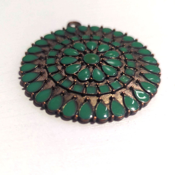 Gold Tone Faux Jade Turquoise Pendant‎ 2" No Chain - Picture 4 of 6